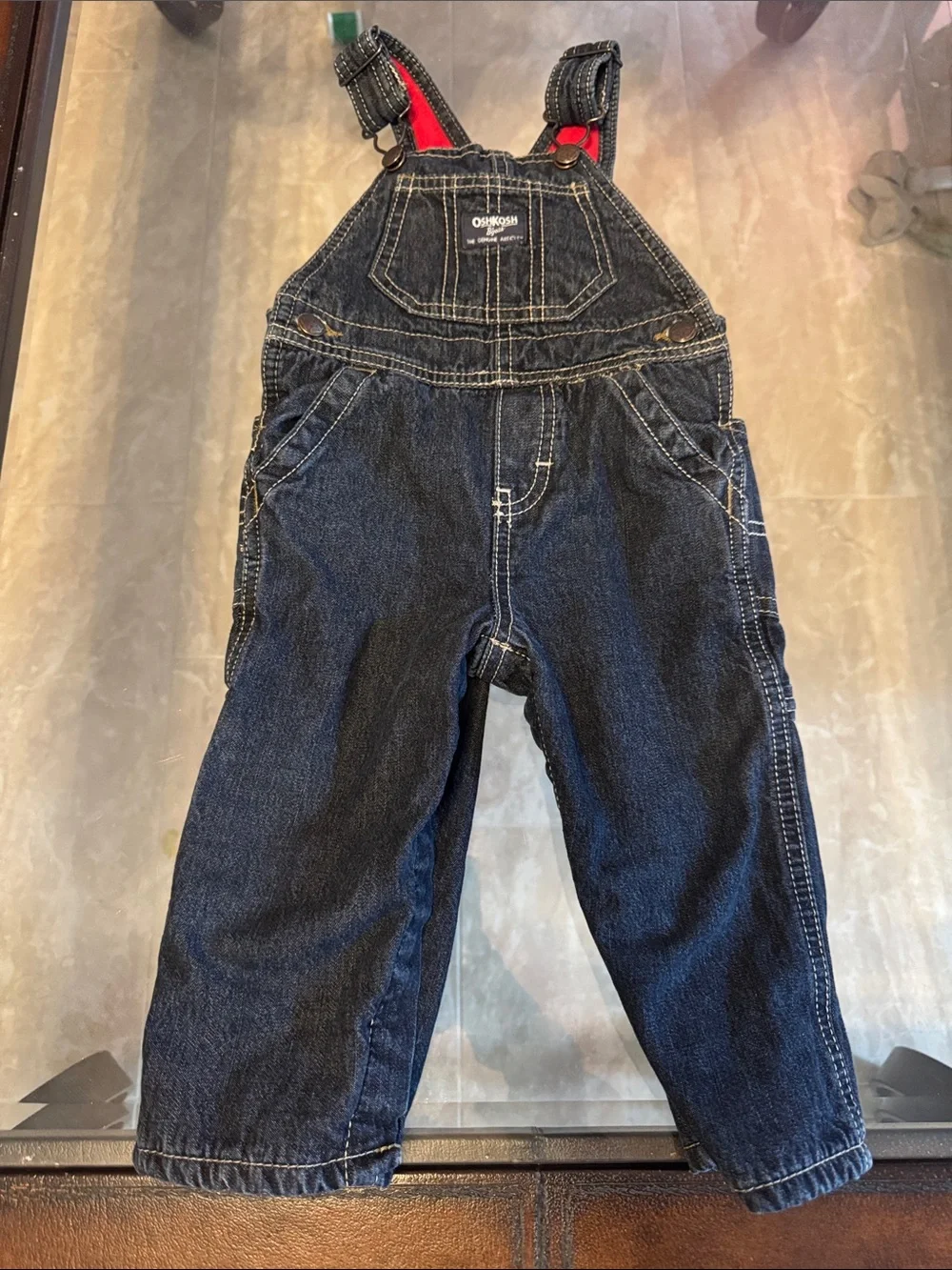 OshKosh B'gosh Dark Blue Denim Overalls with Red Accent